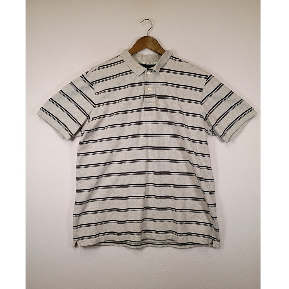 Classic Preppy Chaps Mens Large Grey Navy Striped Short Sleeve Easy Care Polo